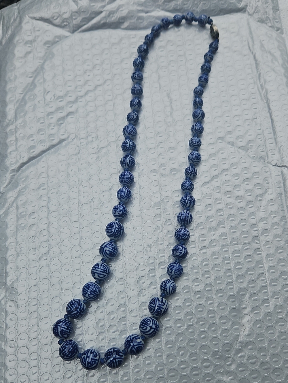 VINTAGE Chinese Hand Knotted Blue and White Porcelain Bead Necklace